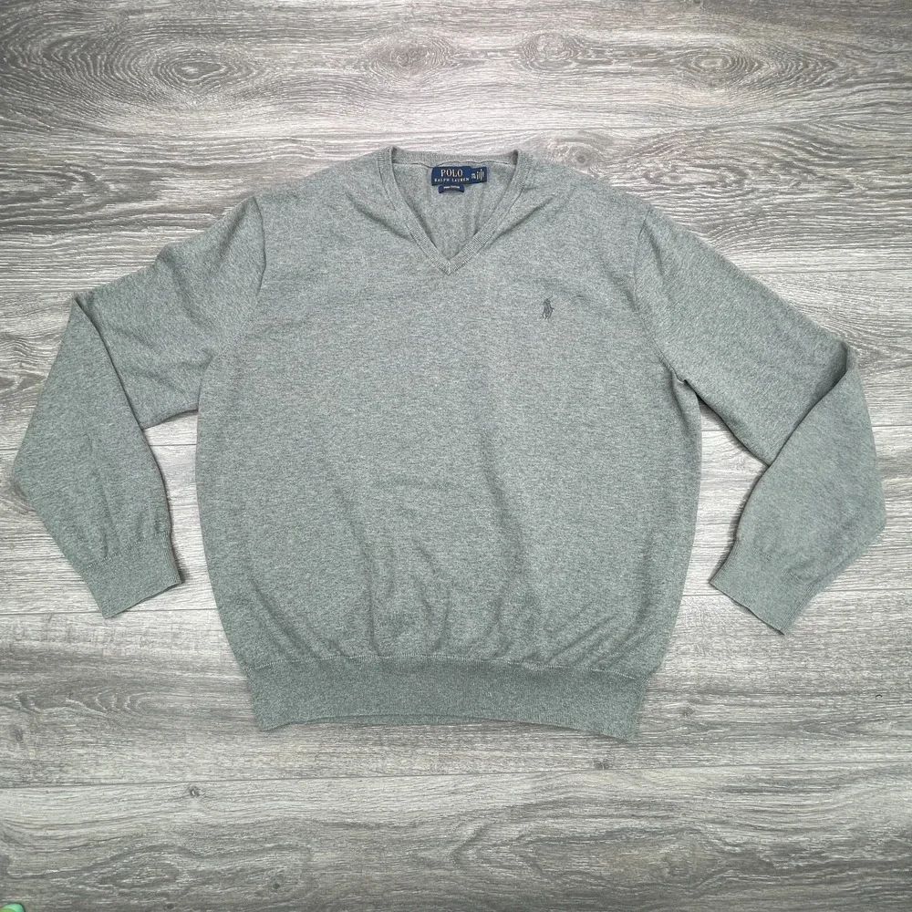 Polo Sweater Mens 2XL Gray Pony Pima Cotton Academia Minimalist V Neck Preppy